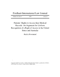 Patients' Rights to Access Their Medical Records: an Argument for Uniform Recognition of a Right of Access in the United States and Australia