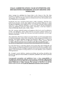 False Statements and Defamations Concerning Julian Assange and Wikileaks