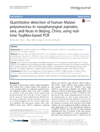 Quantitative Detection of Human Malawi Polyomavirus in Nasopharyngeal Aspirates, Sera, and Feces in Beijing, China, Using Real-T