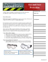 Eye and Face Protection TOOLBOX TALKS