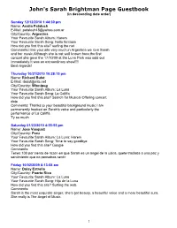 John's Sarah Brightman Page Guestbook (In Descending Date Order)