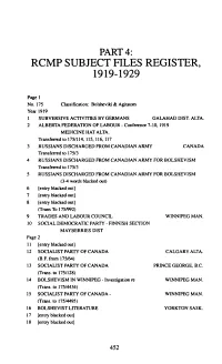 Part 4: Rcmp Subject Files Register, 1919-1929