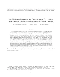 On Notions of Security for Deterministic Encryption, and Eﬃcient Constructions Without Random Oracles