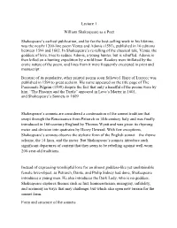 Lecture 1 William Shakespeare As a Poet Shakespeare's Earliest