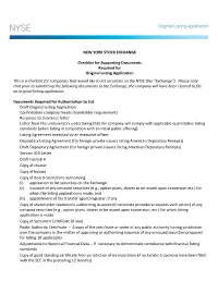 NEW YORK STOCK EXCHANGE Checklist for Supporting Documents