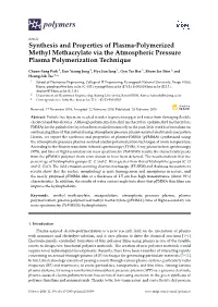 Synthesis and Properties of Plasma-Polymerized Methyl Methacrylate Via the Atmospheric Pressure Plasma Polymerization Technique