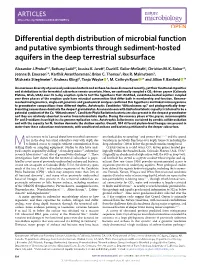 Differential Depth Distribution of Microbial Function and Putative Symbionts Through Sediment-Hosted Aquifers in the Deep Terrestrial Subsurface