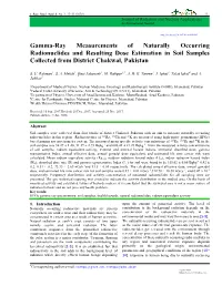 Gamma-Ray Measurements of Naturally Occurring Radionuclides and Resulting Dose Estimation in Soil Samples Collected from District Chakwal, Pakistan