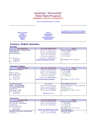 Canadian "University" Hotel Rate Program (Information Current As of February 2010 )