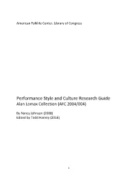 Performance Style and Culture Research Guide, Alan Lomax