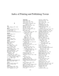 Index of Printing and Publishing Towns