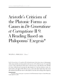 Aristotle's Criticism of the Platonic Forms As Causes in De