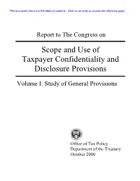Scope and Use of Taxpayer Confidentiality and Disclosure Provisions – Volume 1