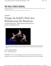 Cirque Du Soleil's Next Act: Rebalancing the Business