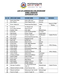 List of Candidates for Interview Dmrd (Private) Admission 2020