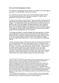 The Text of the Reading Book of Hours the Contents of the Reading