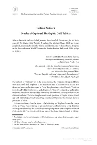 Critical Notices Oracles of Orpheus? the Orphic Gold Tablets
