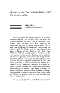 Genesis of the Two Nations Theory and the Quaid-E-Azam