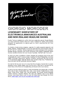 Giorgio Moroder Legendary Godfather of Electronica Announces Australian and New Zealand Headline Shows