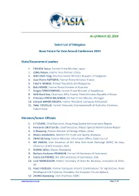 As of March 10, 2014 Select List of Delegates Boao Forum for Asia