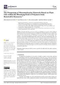 The Prospering of Macromolecular Materials Based on Plant Oils Within the Blooming Field of Polymers from Renewable Resources †