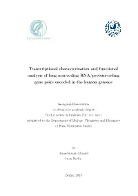 Transcriptional Characterization and Functional Analysis of Long Non-Coding RNA/Protein-Coding Gene Pairs Encoded in the Human Genome