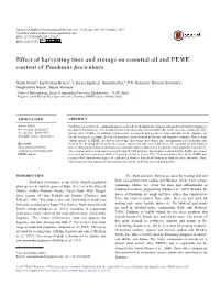 Effect of Harvesting Time and Storage on Essential Oil and PEME Content of Pandanus Fascicularis