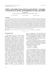 Object and Subject Relations in Adulthood – Towards an Integrative Model of Interpersonal Relationships