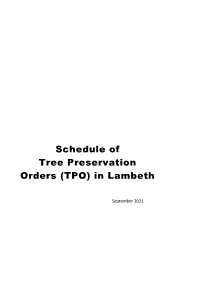 Schedule of Tree Preservation Orders (TPO) in Lambeth