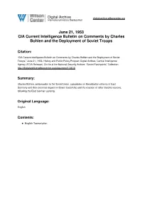 June 21, 1953 CIA Current Intelligence Bulletin on Comments by Charles Bohlen and the Deployment of Soviet Troops