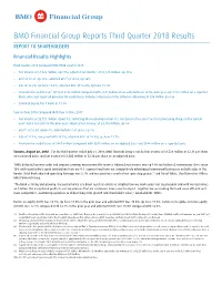 BMO Financial Group Reports Third Quarter 2018 Results