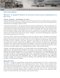 Modular to Support Rollout of Komatsu Autonomous Deployment at Rio Tinto