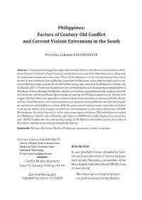 Philippines: Factors of Century-Old Conϐlict and Current Violent Extremism in the South