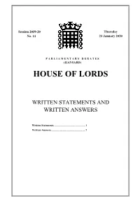 House of Lords Written Answers and Statements
