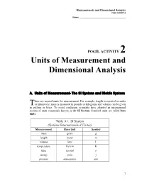 Units of Measurement and Dimensional Analysis