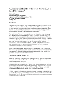 "Application of Part IV of the Trade Practices Act to Local Government"