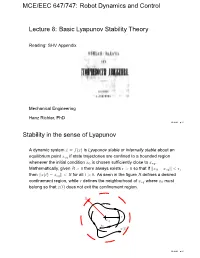 Robot Dynamics and Control Lecture 8: Basic Lyapunov Stability Theory