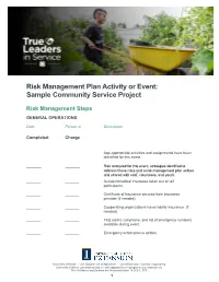 Risk Management Plan Activity Or Event: Sample Community Service Project