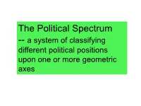 The Political Spectrum -- a System of Classifying Different Political Positions Upon One Or More Geometric Axes Radical Liberal Moderate Conservative Reactionary