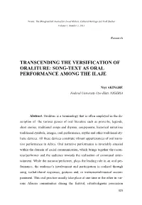 Transcending the Versification of Oraliture: Song-Text As Oral Performance Among the Ilaje