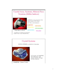 Crystal Axes, Systems, Mineral Face Notation (Miller Indices)