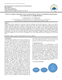 Effects of Workplace Spirituality Towards Counterproductive Behavior in Automobile Manufacturing Sector with Reference to Tamilnadu District