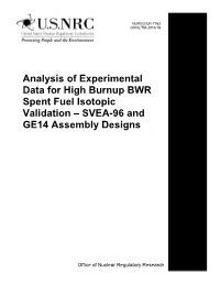 NUREG/CR-7162 "Analysis of Experimental Data for High Burnup BWR Spent Fuel Isotopic Validation