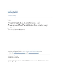 Privacy, Plaintiff, and Pseudonyms: the Anonymous Doe Plaintiff in the Information
