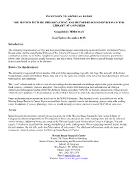 Inventory to Archival Boxes in the Motion Picture, Broadcasting, and Recorded Sound Division of the Library of Congress