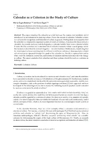 Calendar As a Criterion in the Study of Culture