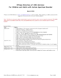 Ottawa Directory of ASD Services: for Children and Adults with Autism Spectrum Disorder