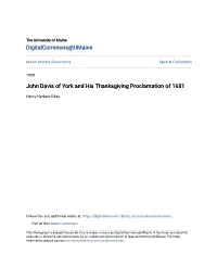John Davis of York and His Thanksgiving Proclamation of 1681