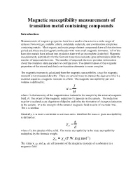 Magnetic Susceptibility Measurements of Transition Metal Containing Compounds
