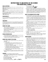 Instructions to and Duties of the Scorer for Basketball Games Rules Coverage: 7